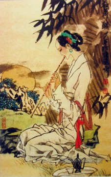 fille jouant Hsiao traditionnelle chinoise Peinture à l'huile